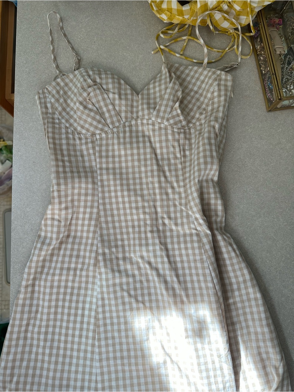 Princess Polly Beige and White Gingham Bustier Dress NWOT